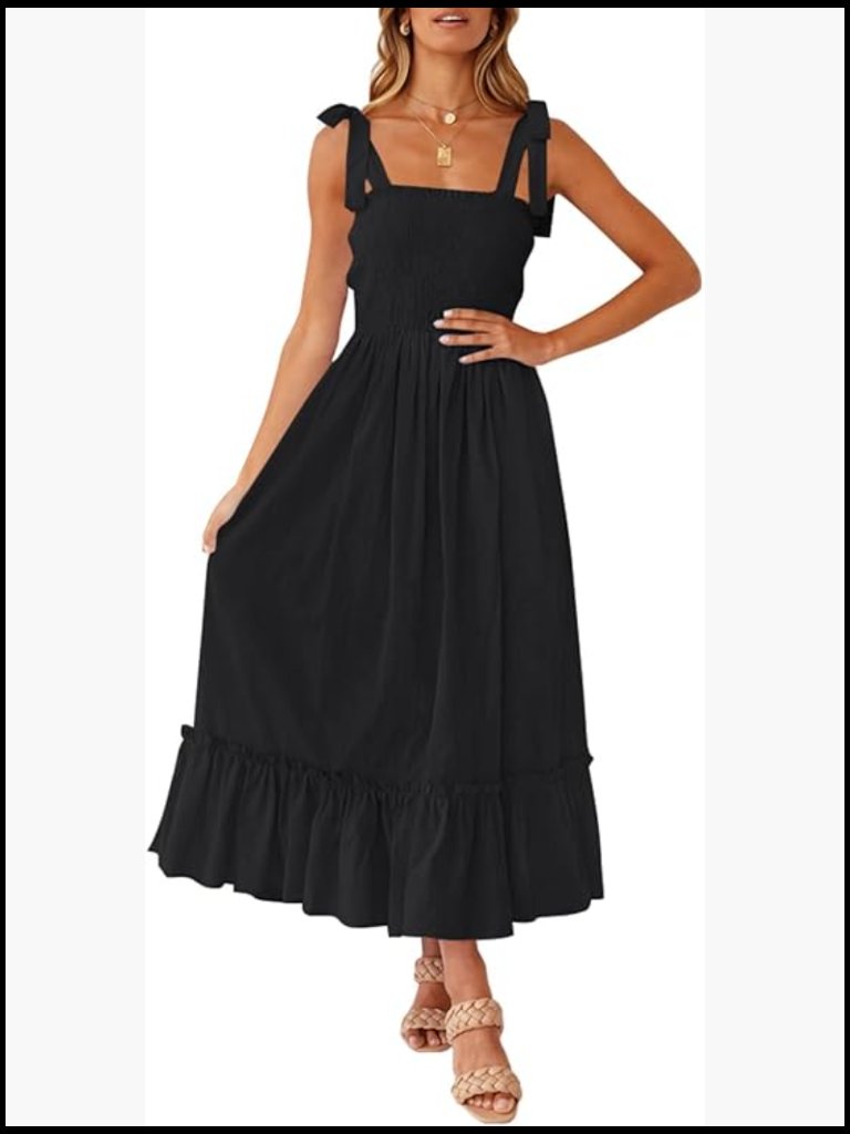 Viscose Maxi Dress With Ruffle Hem Spaghetti Strap Square Neck